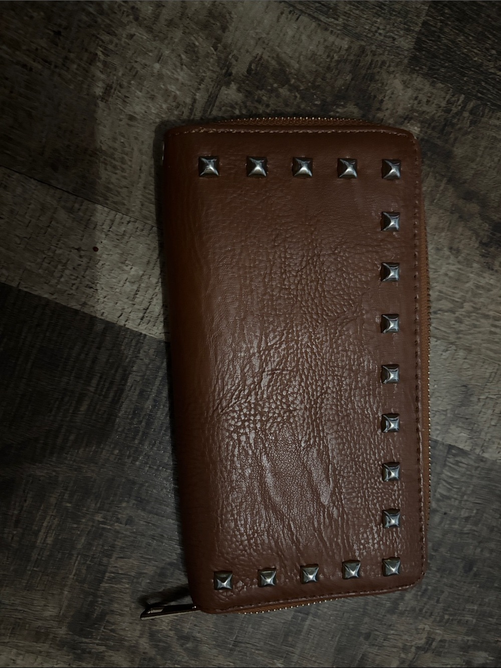 Men's Brown Leather Zip Wallet with Silver Studs